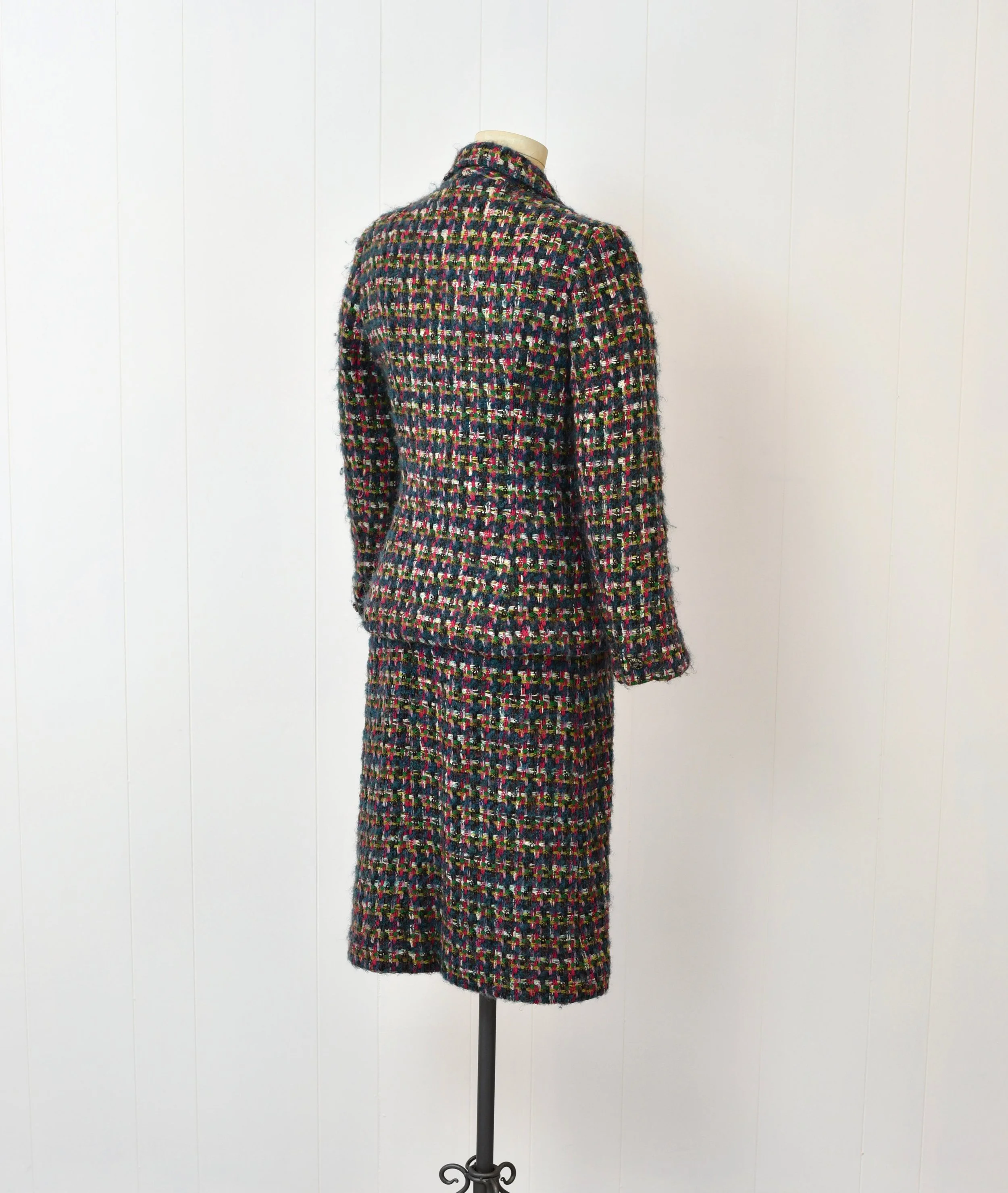 1980s Chanel Inspired Blue Pink Plaid Multicolored Wool Two Piece